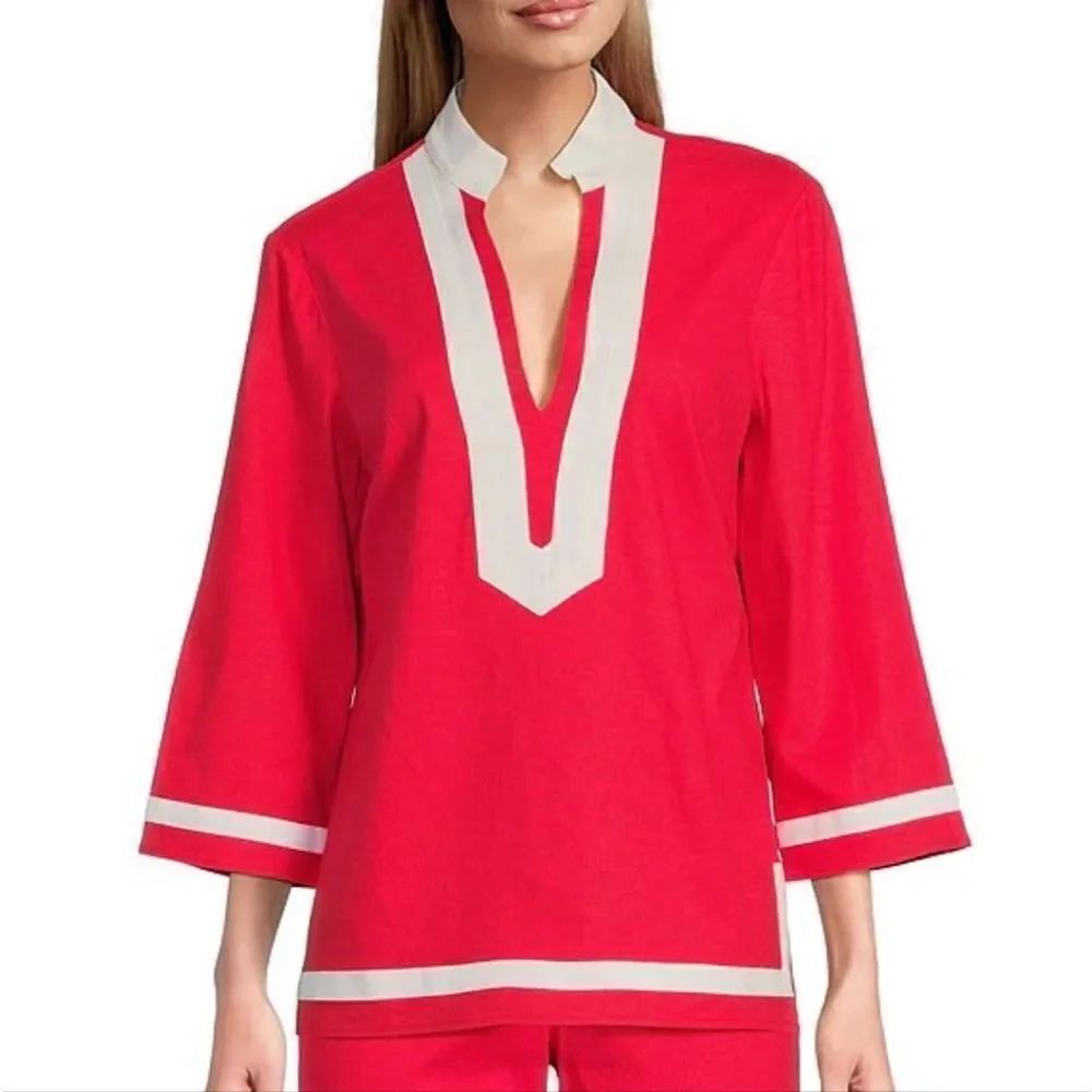 Preston & York Loretta 3/4 Sleeve V-Neck Linen Blouse Lipstick And White NEW